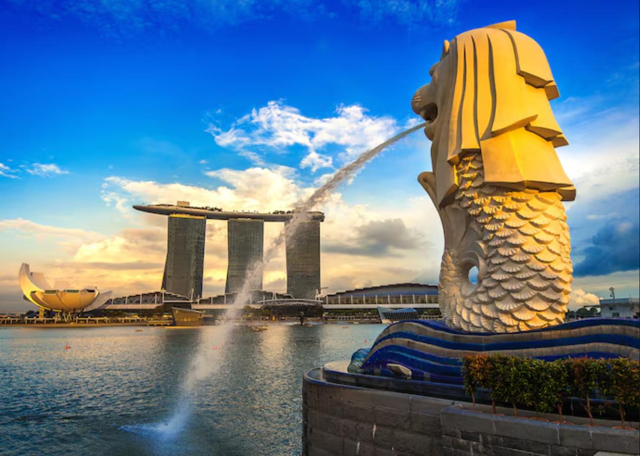 เมอร์ไลออน สิงโตกพอต์ กับวิว Marina Bay Sands
